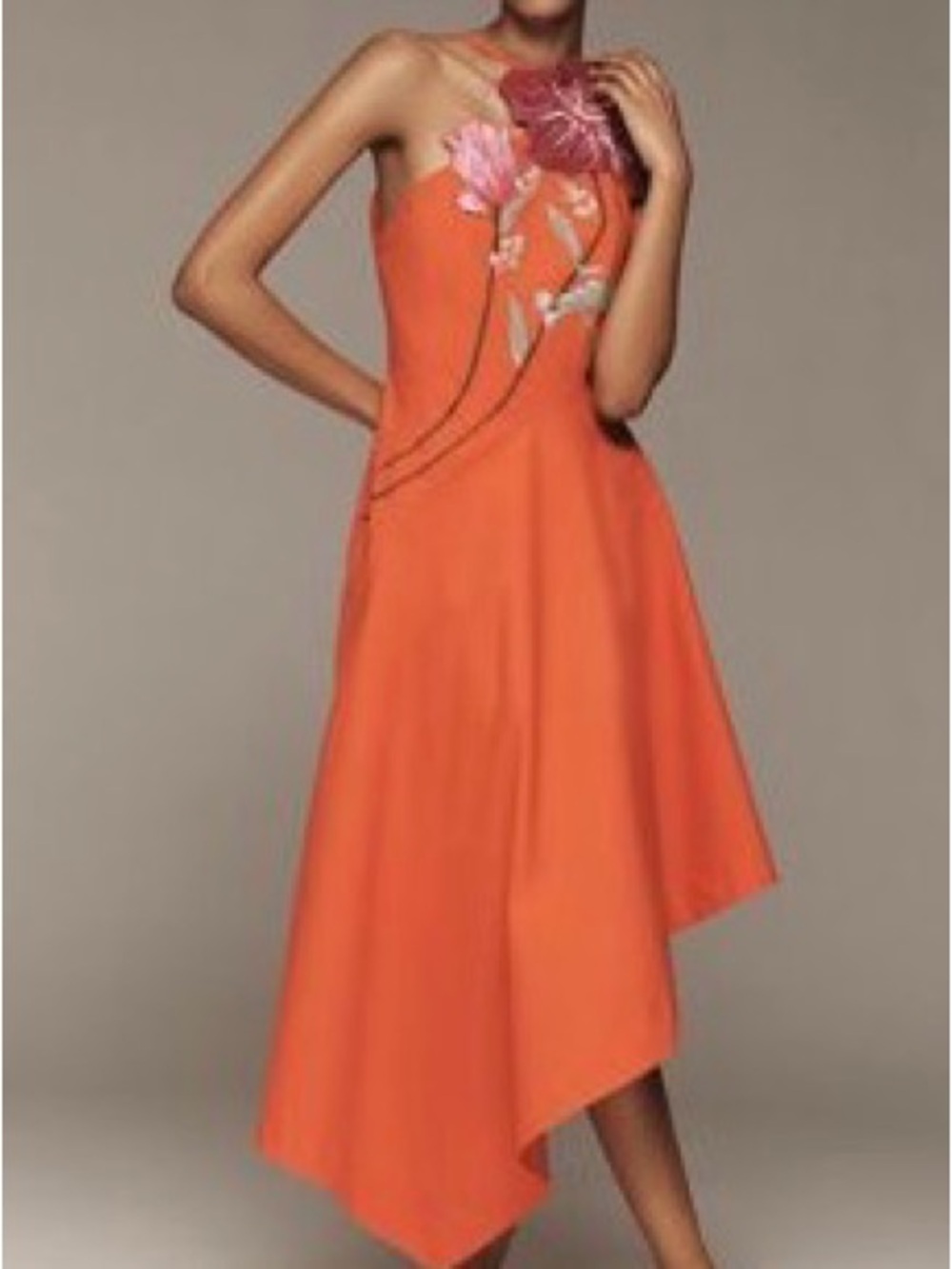 Elegant Orange Asymmetric Floral-Accent Dress